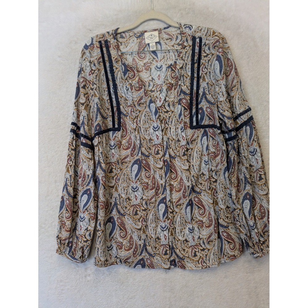 St. John's Bay Peasant Blouse Women's Medium‎ Multi-Color Paisley Crochet Trim